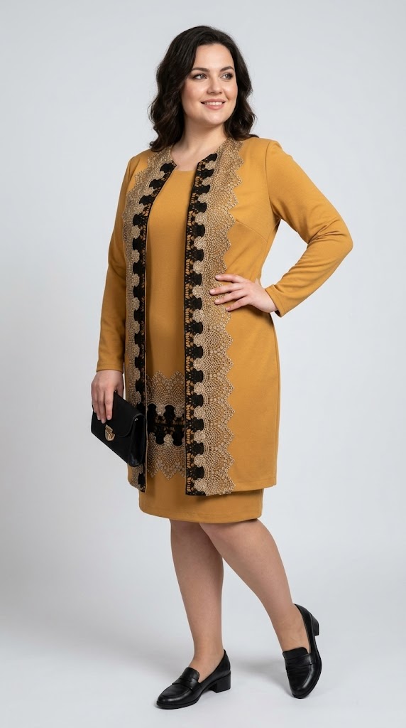 Compleu elegant mustar cu broderie Tania1