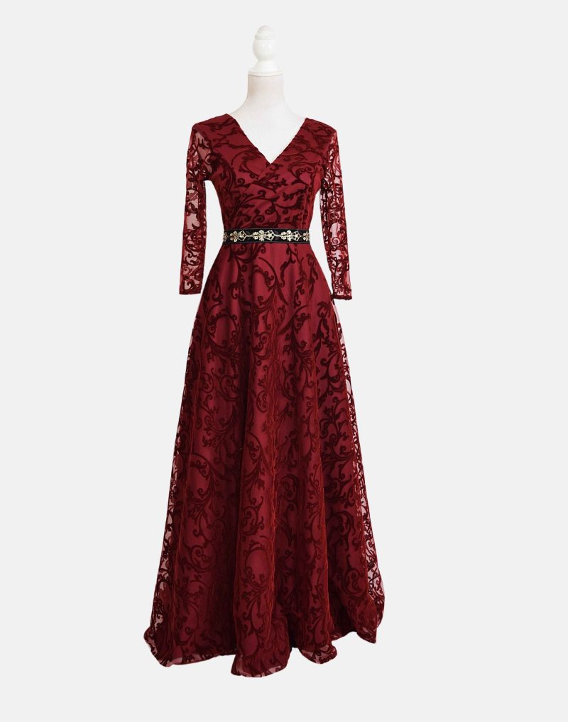 Rochie lunga din tulle cu broderie catifea visinie Ariana2