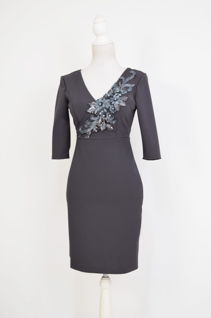 Rochie eleganta gri cu broderie 3D Rebeca