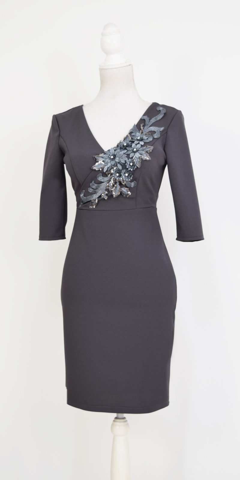 Rochie eleganta gri cu broderie 3D Rebeca