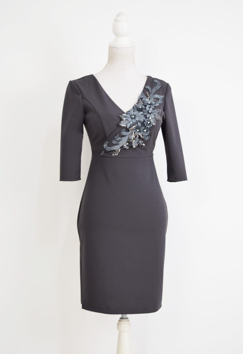 Rochie eleganta gri cu broderie 3D Rebeca