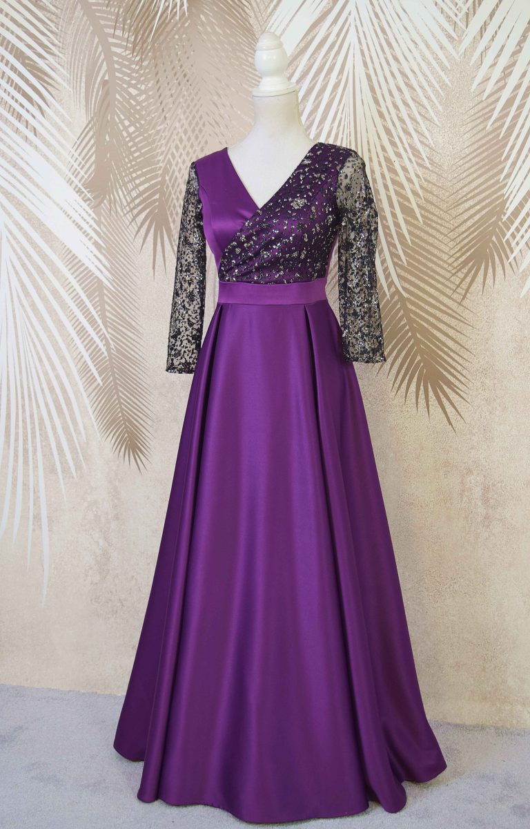 Rochie lunga din tafta mov cu tulle cu gliter Noelia