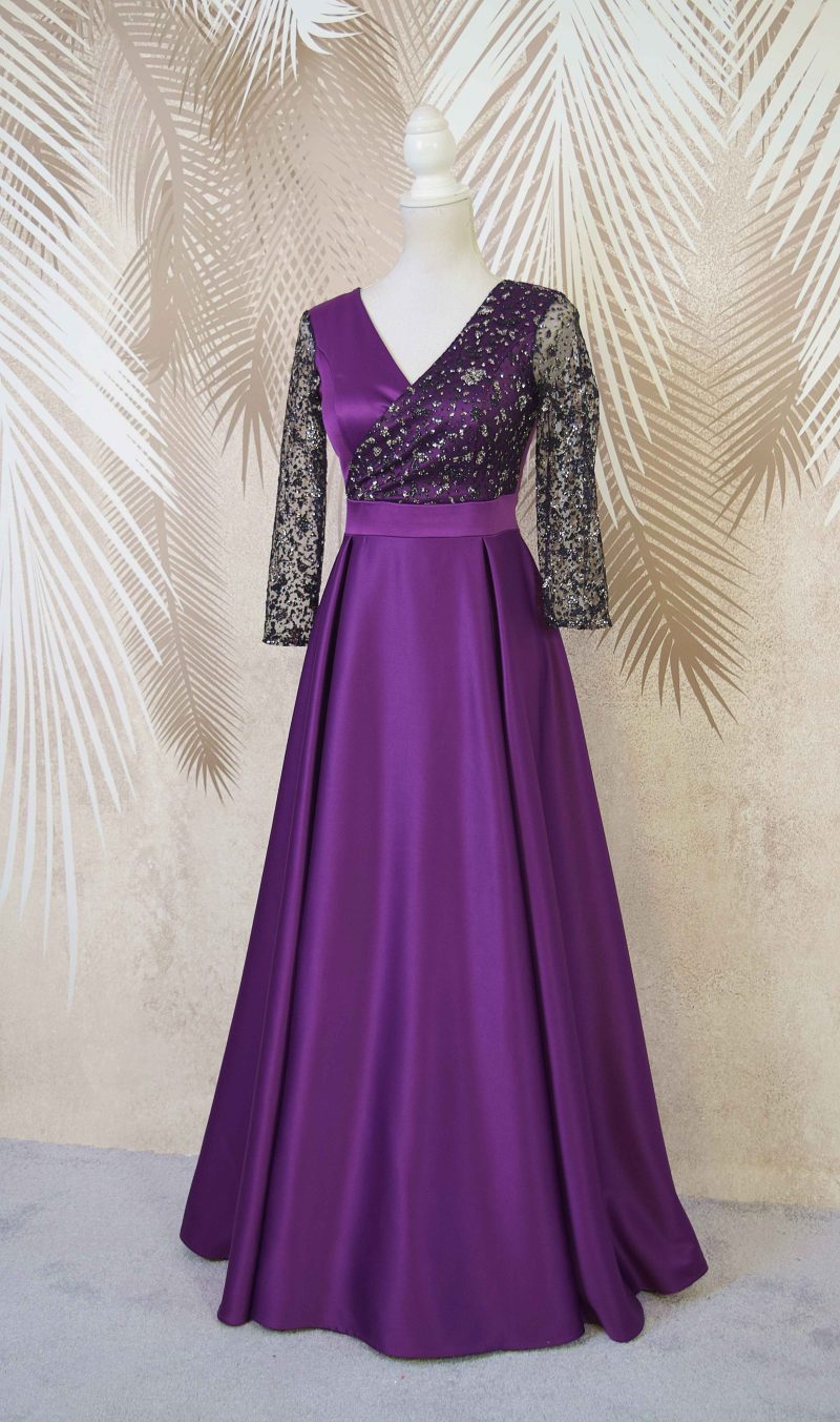 Rochie lunga din tafta mov cu tulle cu gliter Noelia