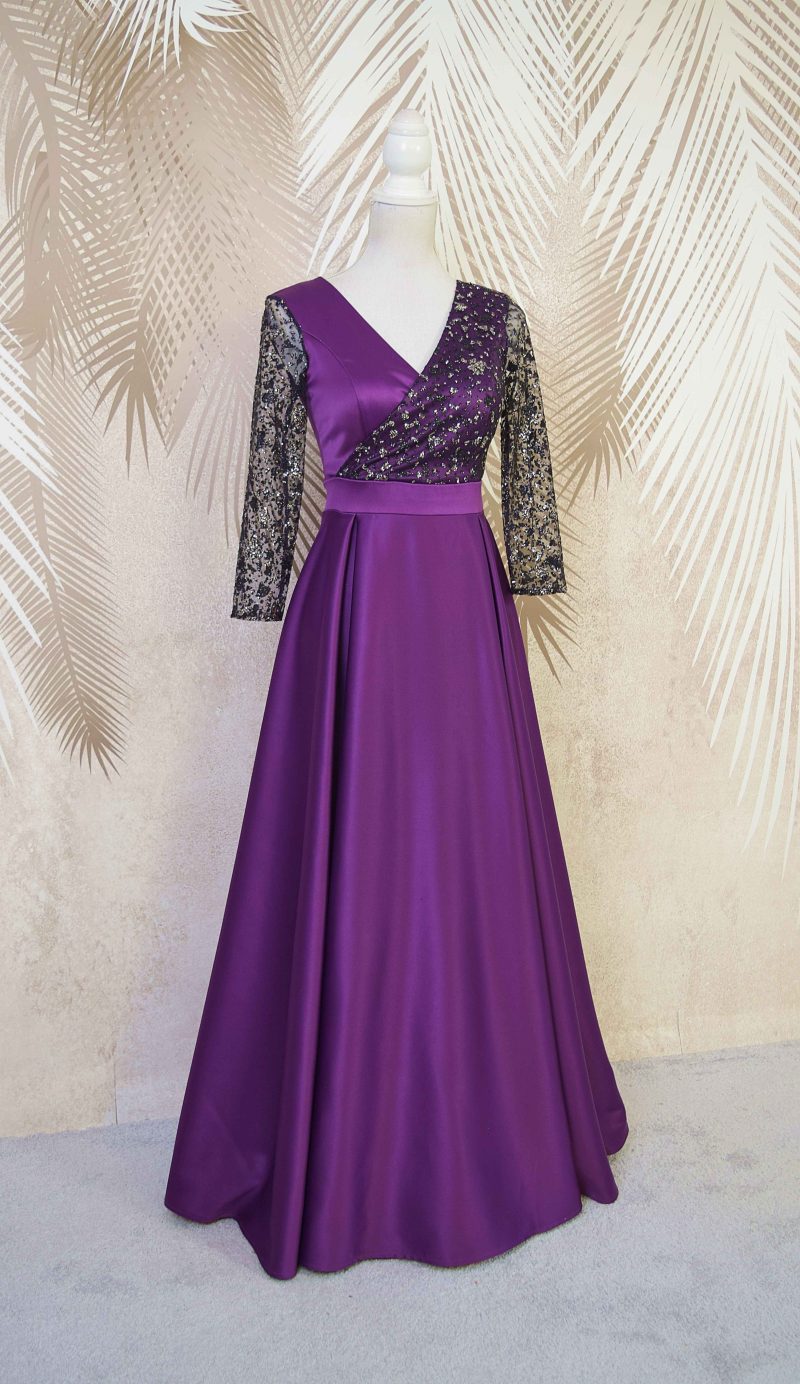 Rochie lunga din tafta mov cu tulle cu gliter Noelia