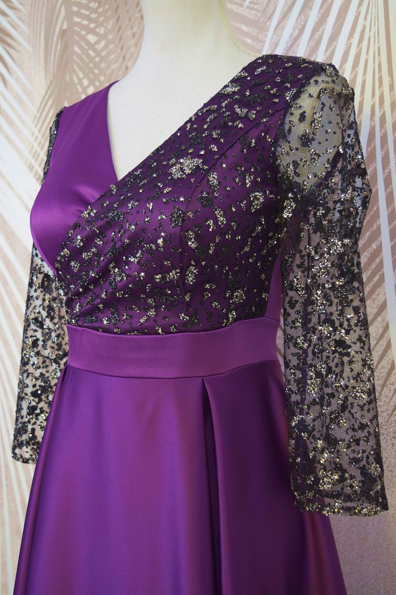 Rochie lunga din tafta mov cu tulle cu gliter Noelia