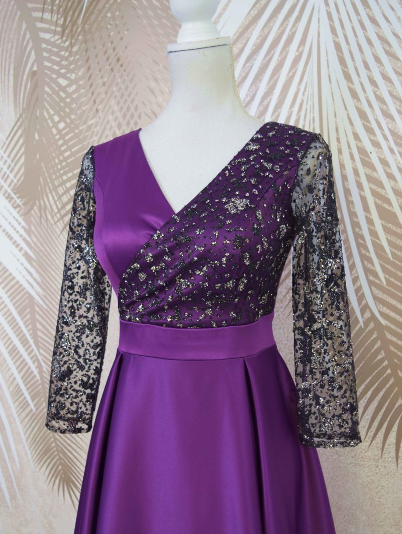 Rochie lunga din tafta mov cu tulle cu gliter Noelia