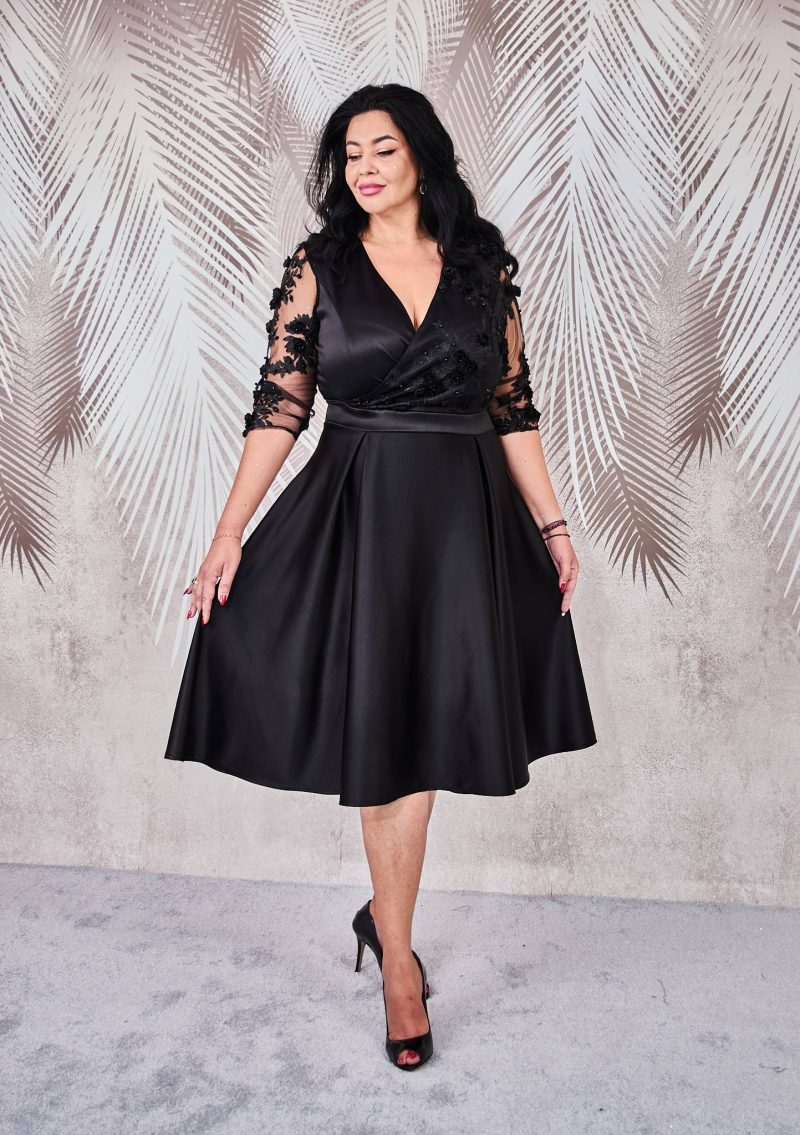 Rochie de ocazie din tafta neagra si tiul brodat 3D Nina