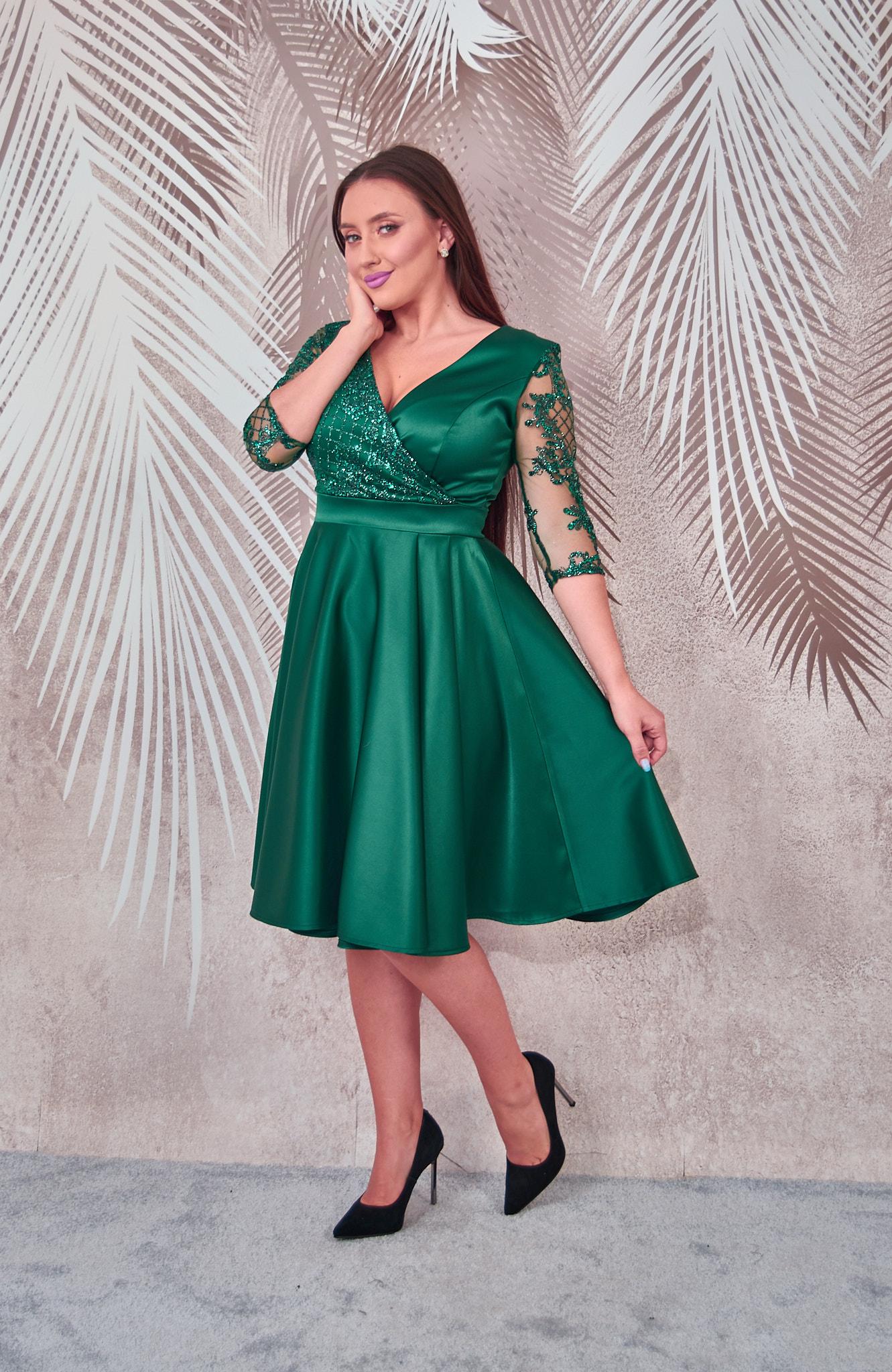 Rochie de ocazie din tafta verde cu tulle cu gliter Evelin - 1 | YEO