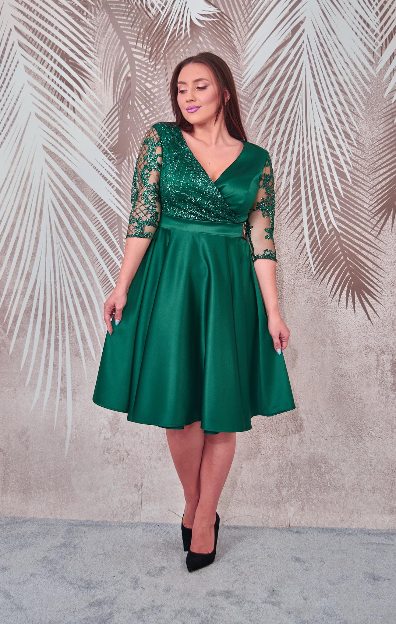 Rochie de ocazie din tafta verde cu tulle cu gliter Evelin - 3 | YEO