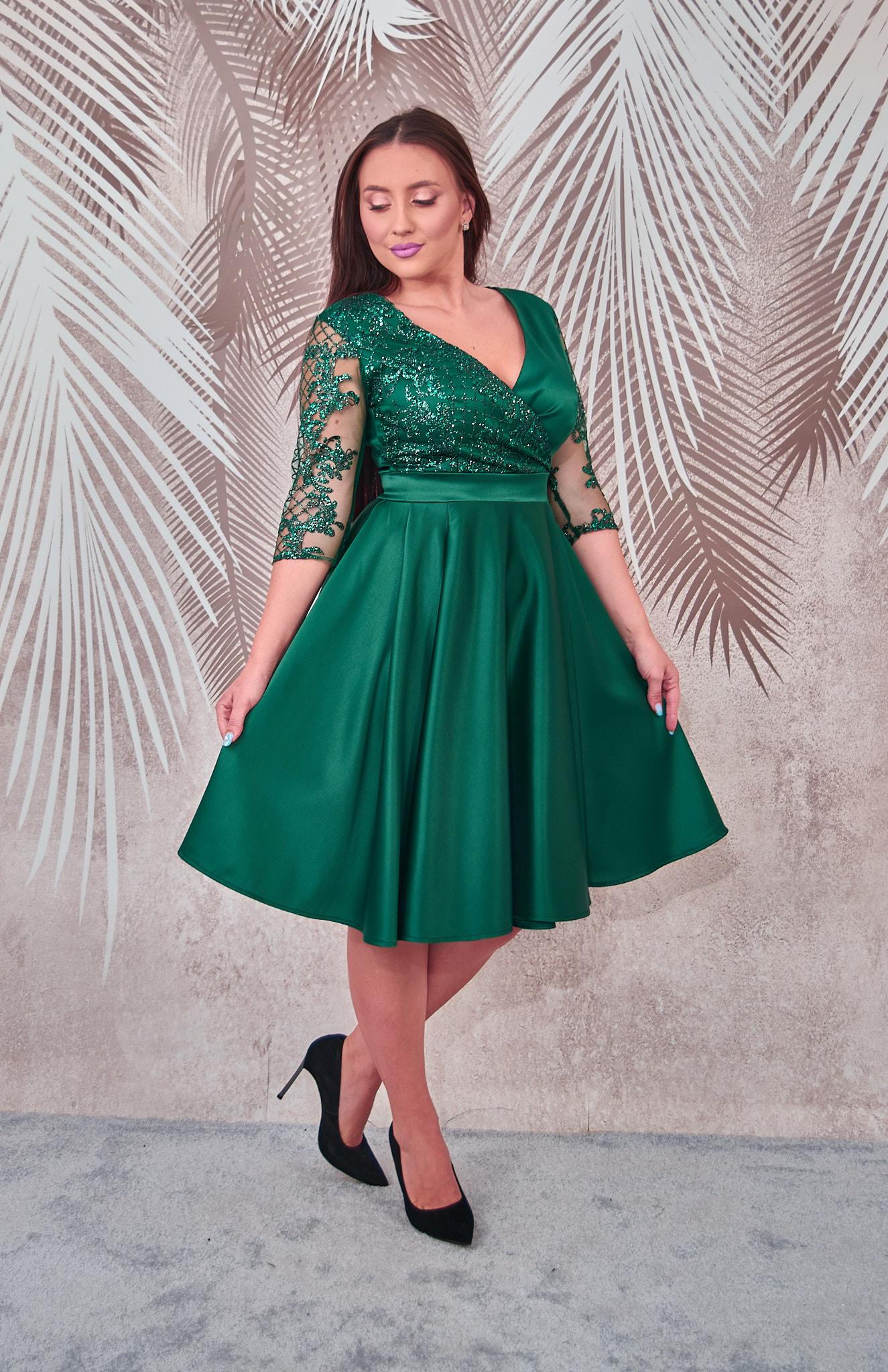 Rochie de ocazie din tafta verde cu tulle cu gliter Evelin - 2 | YEO