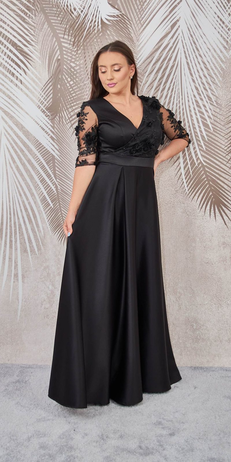 Rochie lunga din tafta neagra si broderie 3D Nina