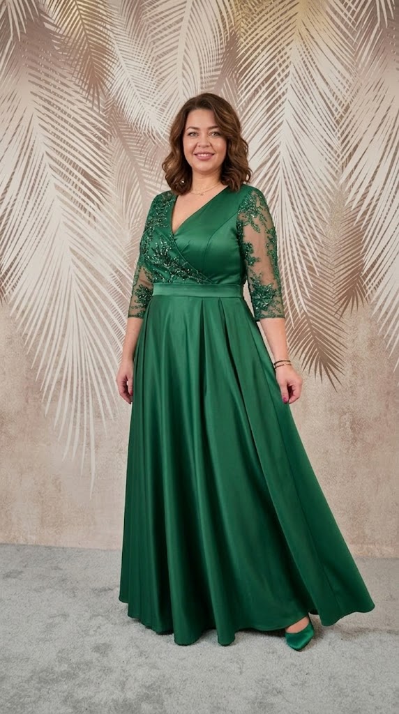 Rochia lunga din tafta verde cu broderie 3D Britney