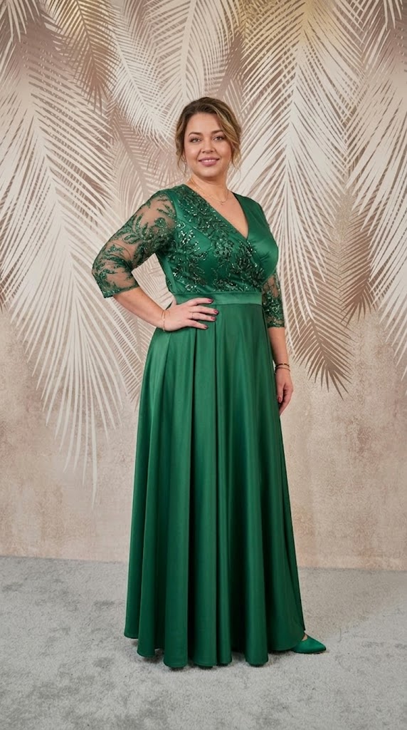 Rochia lunga din tafta verde cu broderie 3D Britney