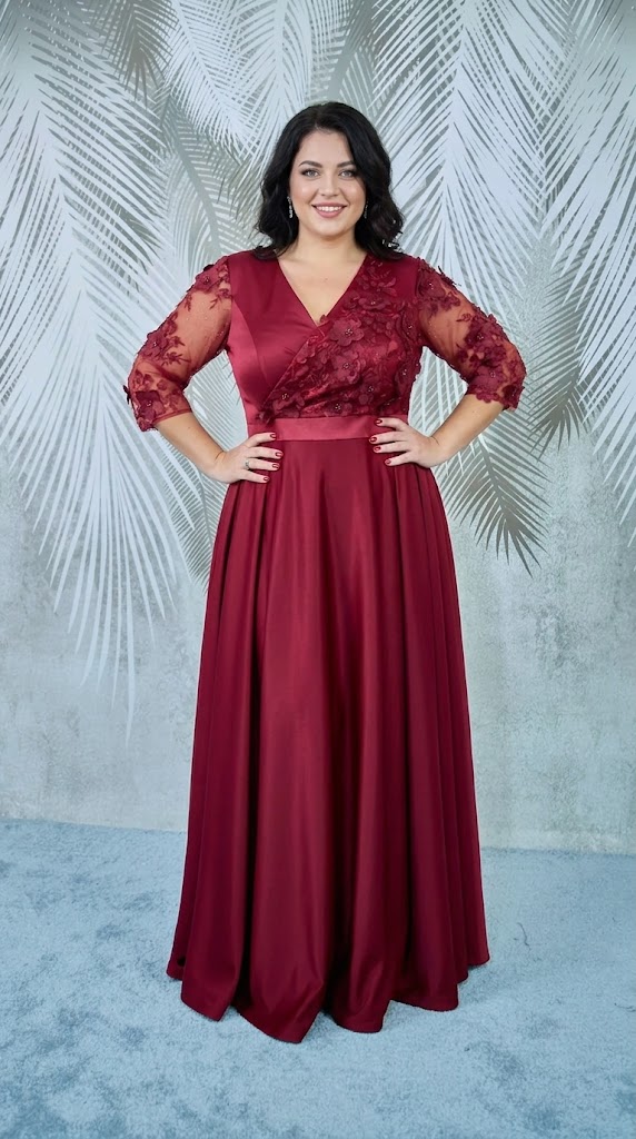 Rochie lunga din tafta visinie si broderie 3D Scarlett