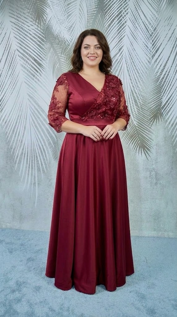 Rochie lunga din tafta visinie si broderie 3D Scarlett