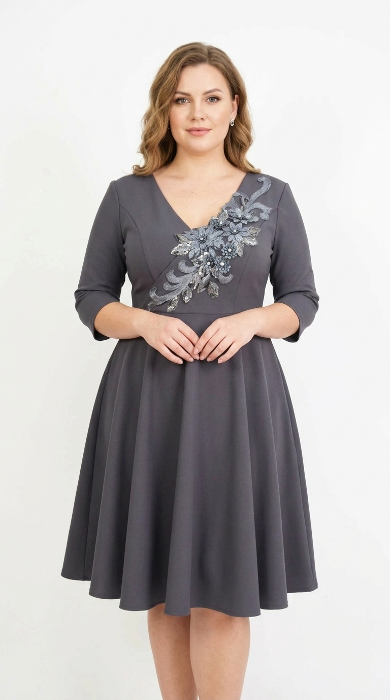 Rochie eleganta clos gri cu broderie 3D Rebeca