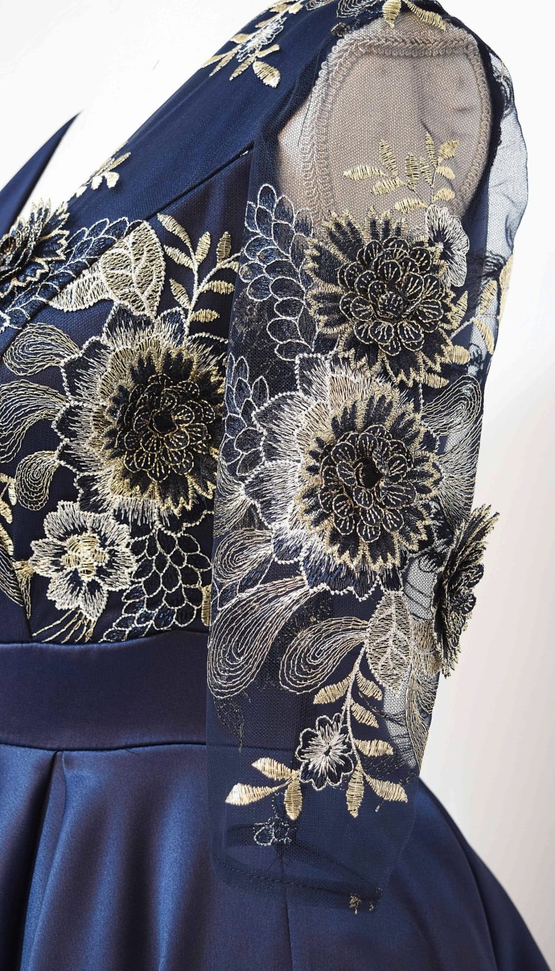Rochie lunga din tafta bleumarin si broderie 3D Riana - imagine 5