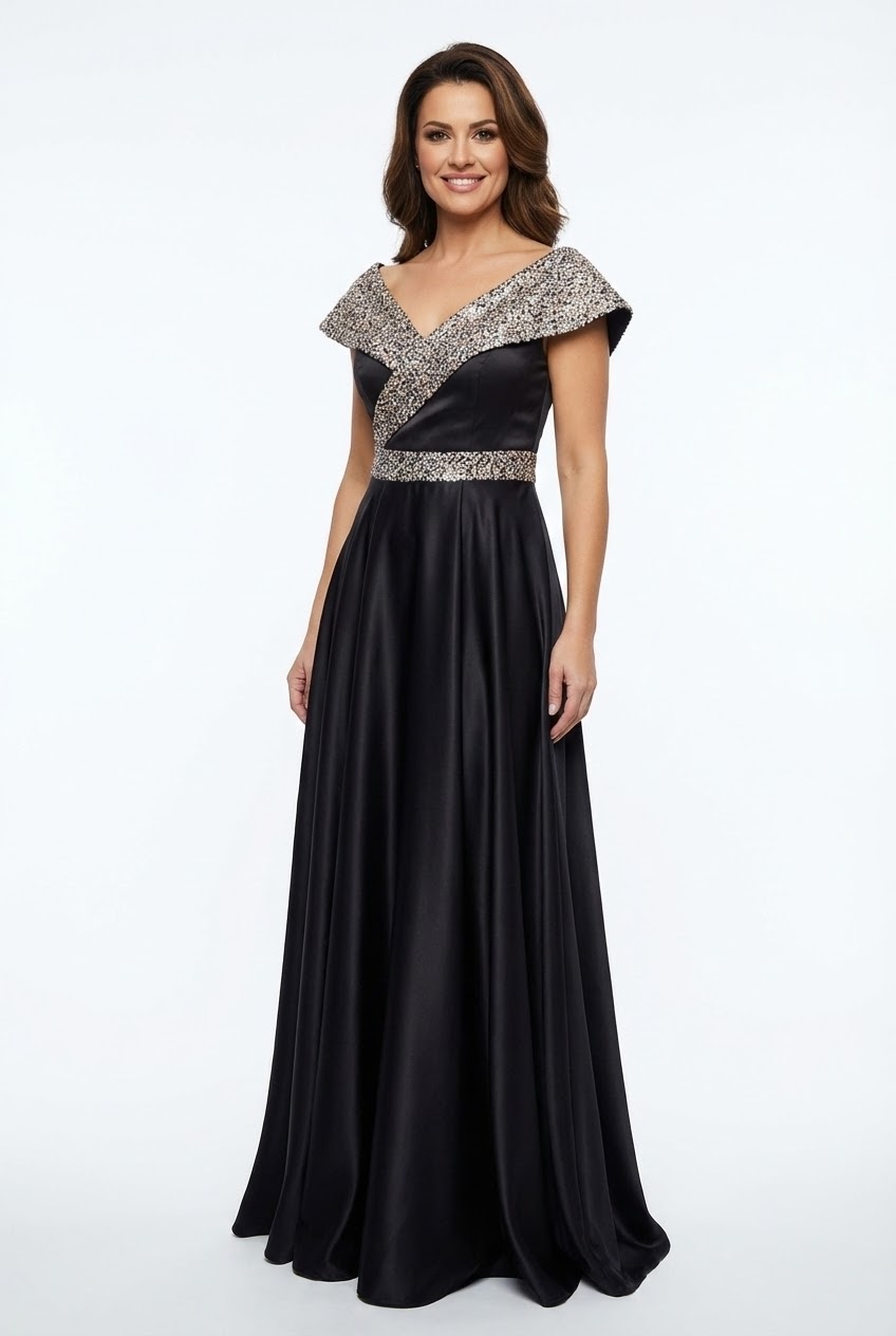 Rochie lunga neagra din tafta si tulle cu gliter Victoria2