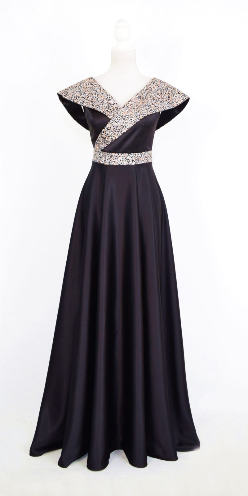 Rochie lunga neagra din tafta si tulle cu gliter Victoria2