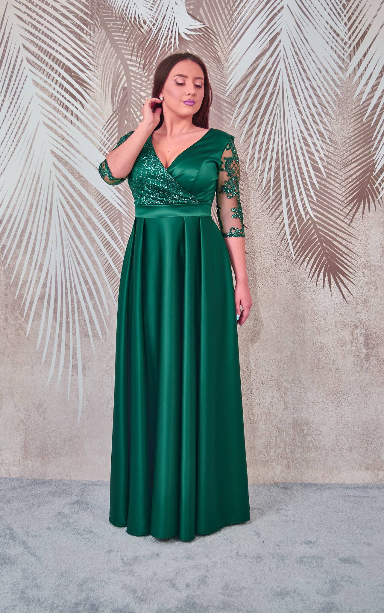 Rochie lunga din tafta verde cu tulle cu gliter Evelin - 3 | YEO