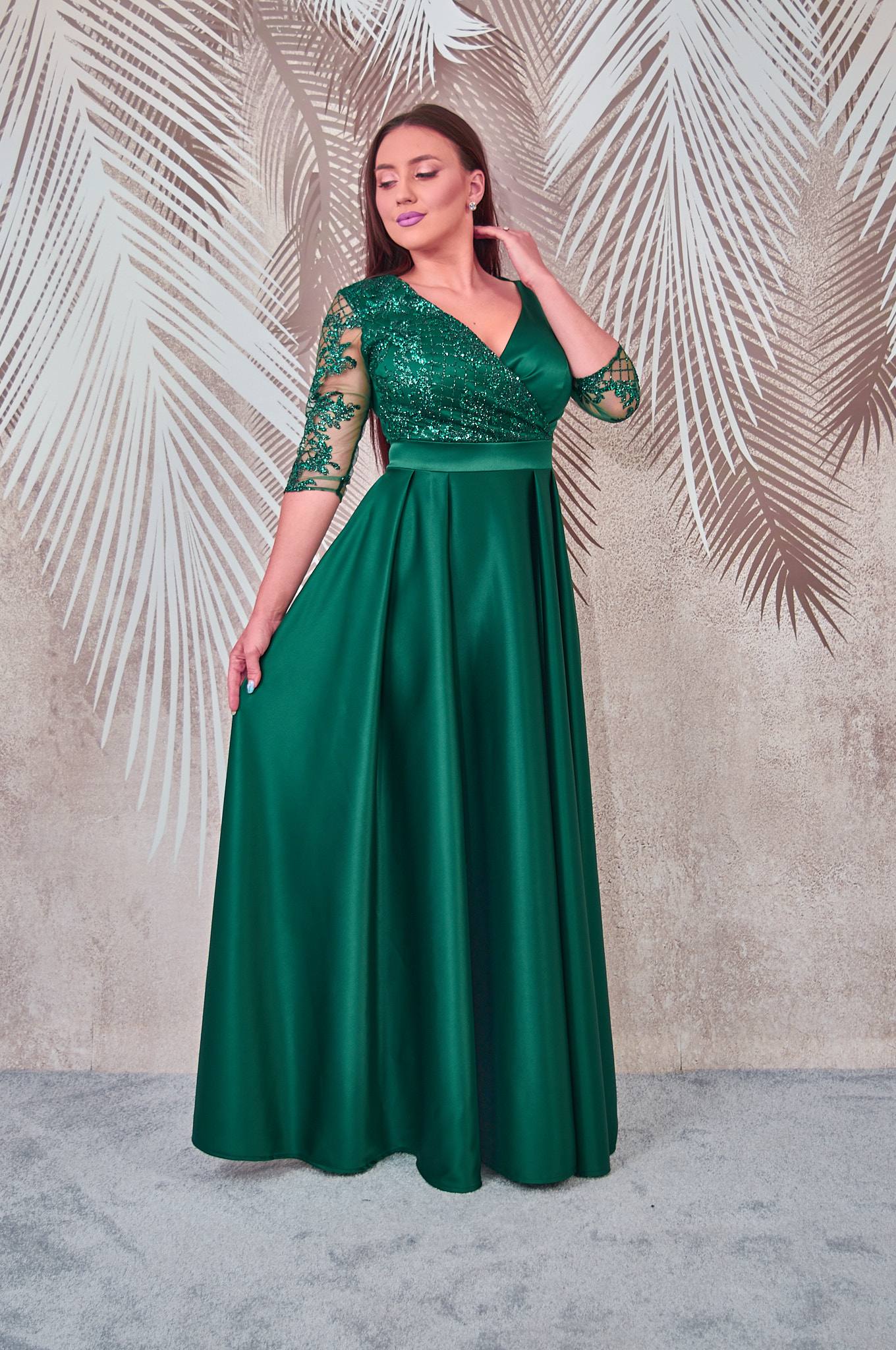 Rochie lunga din tafta verde cu tulle cu gliter Evelin - 4 | YEO