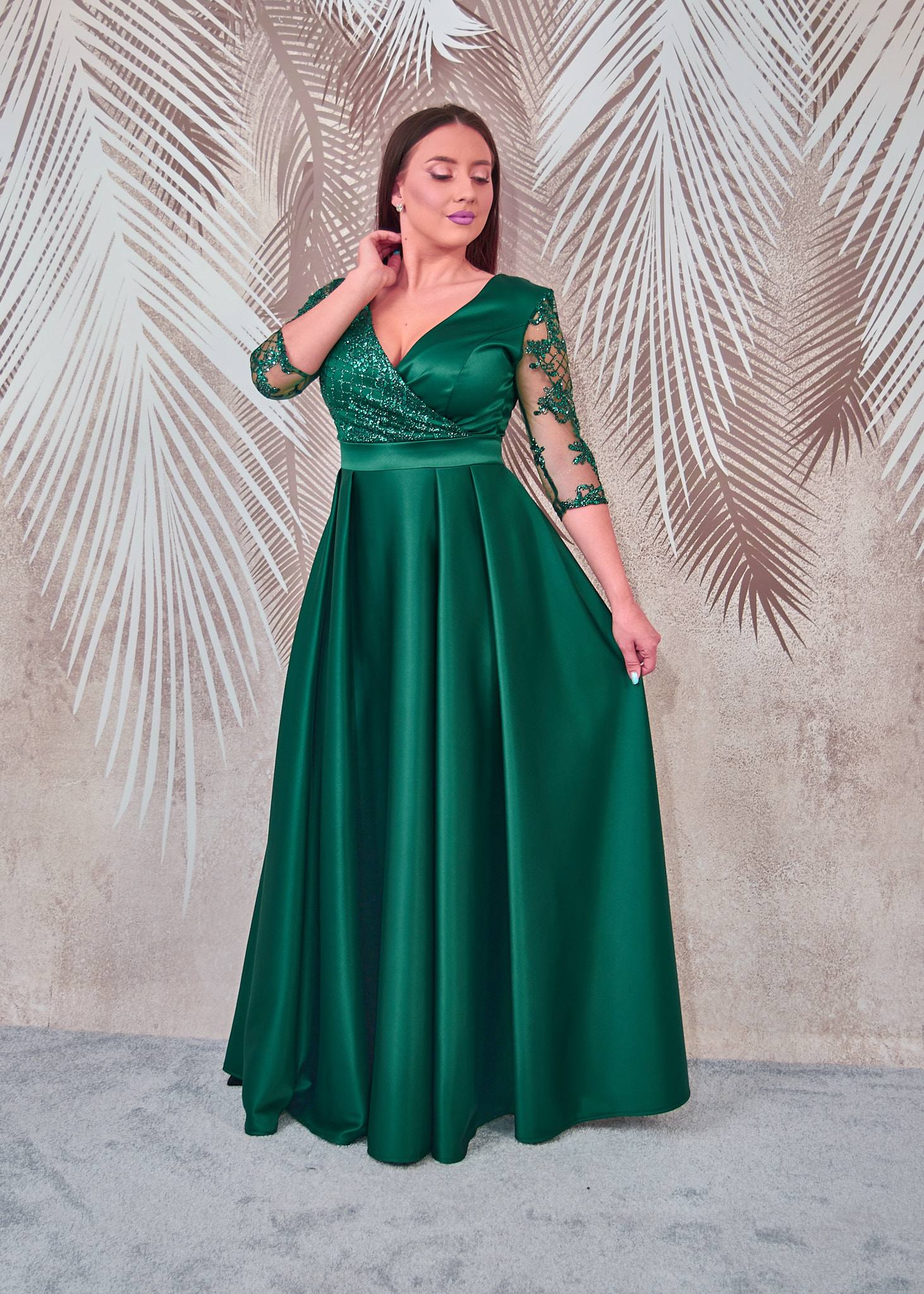 Rochie lunga din tafta verde cu tulle cu gliter Evelin - 1 | YEO