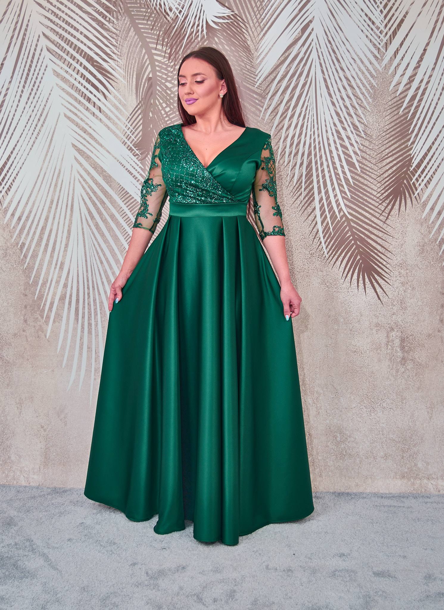 Rochie lunga din tafta verde cu tulle cu gliter Evelin - 2 | YEO