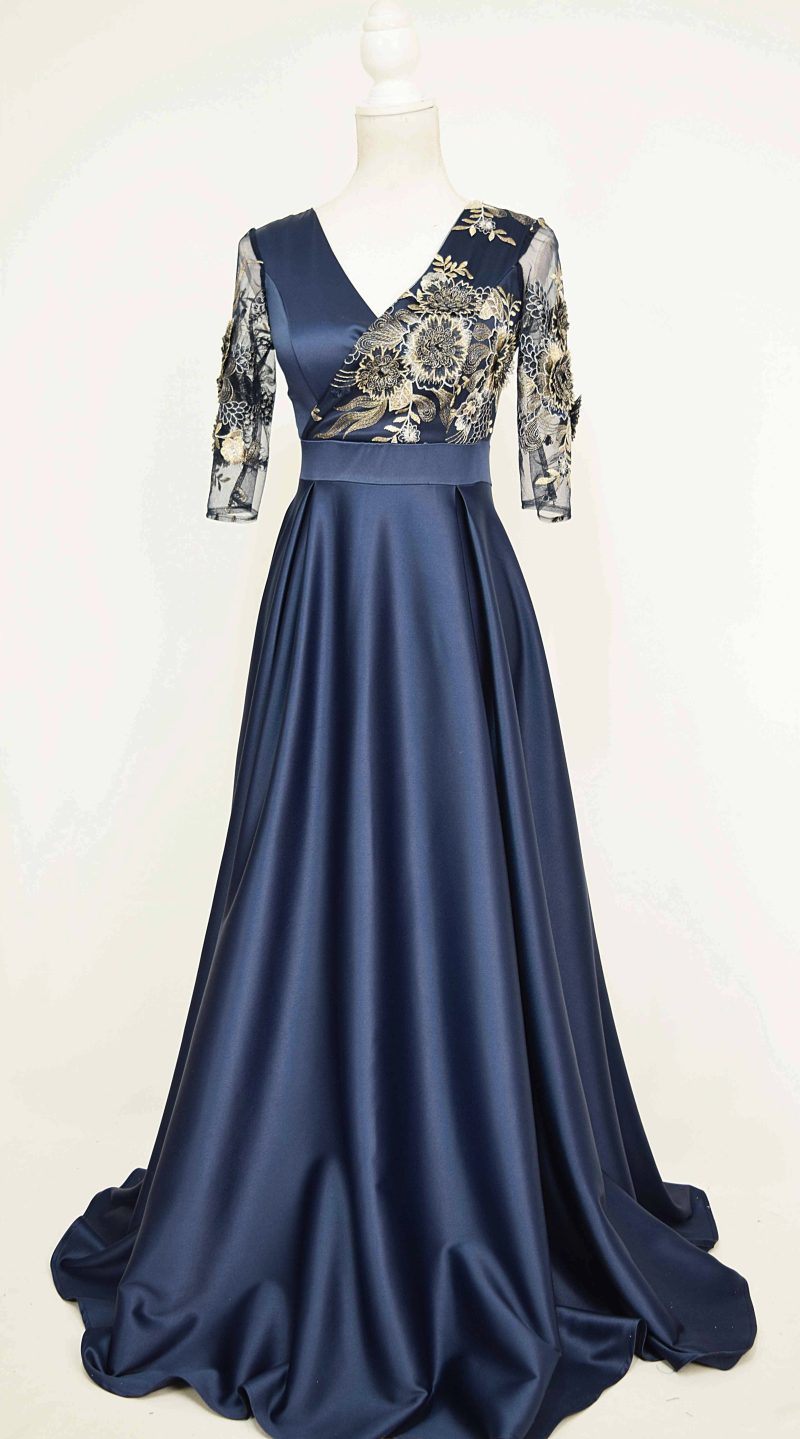 Rochie lunga din tafta bleumarin si broderie 3D Riana