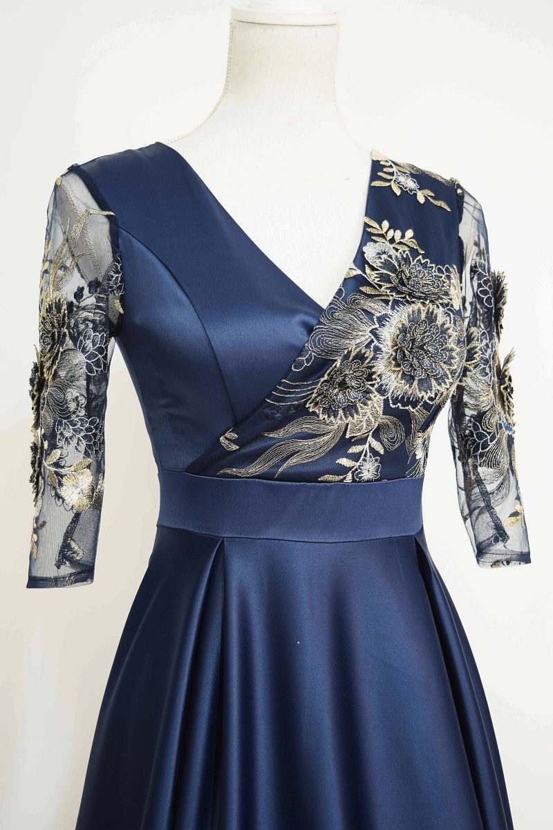 Rochie lunga din tafta bleumarin si broderie 3D Riana - imagine 3