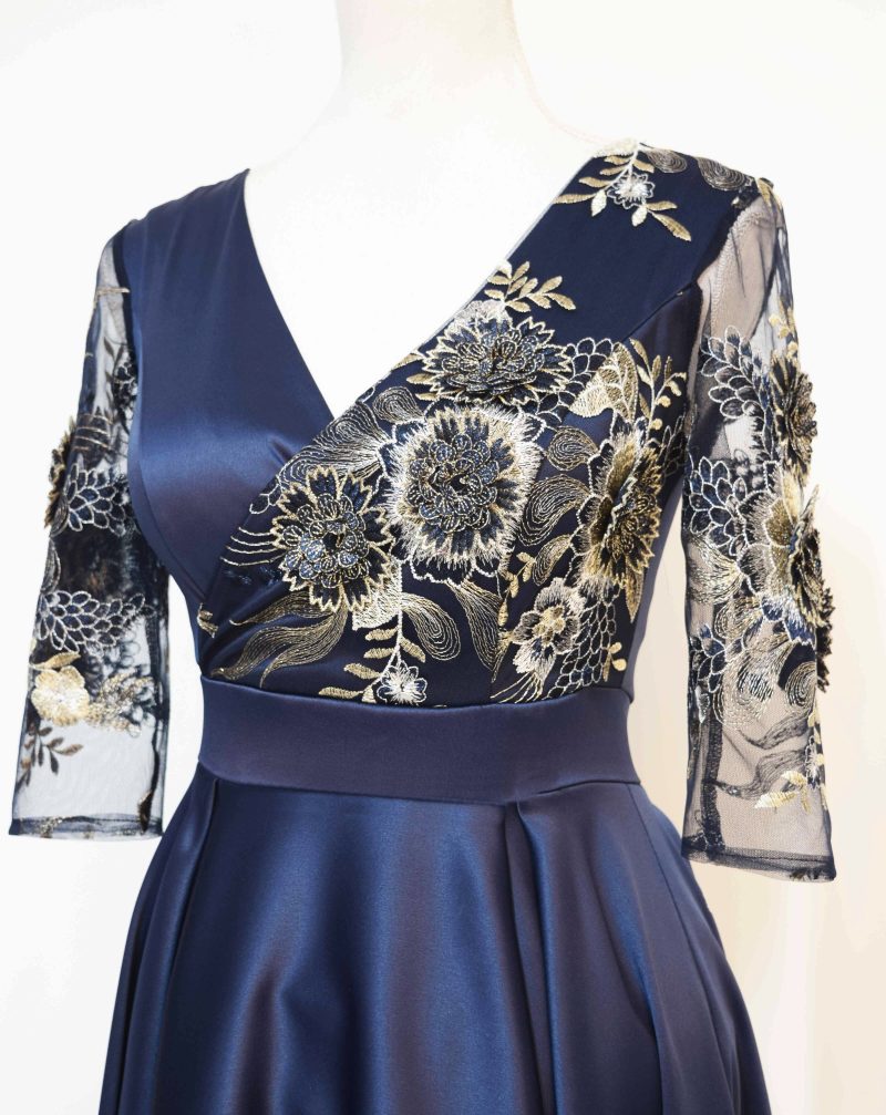 Rochie lunga din tafta bleumarin si broderie 3D Riana - imagine 4