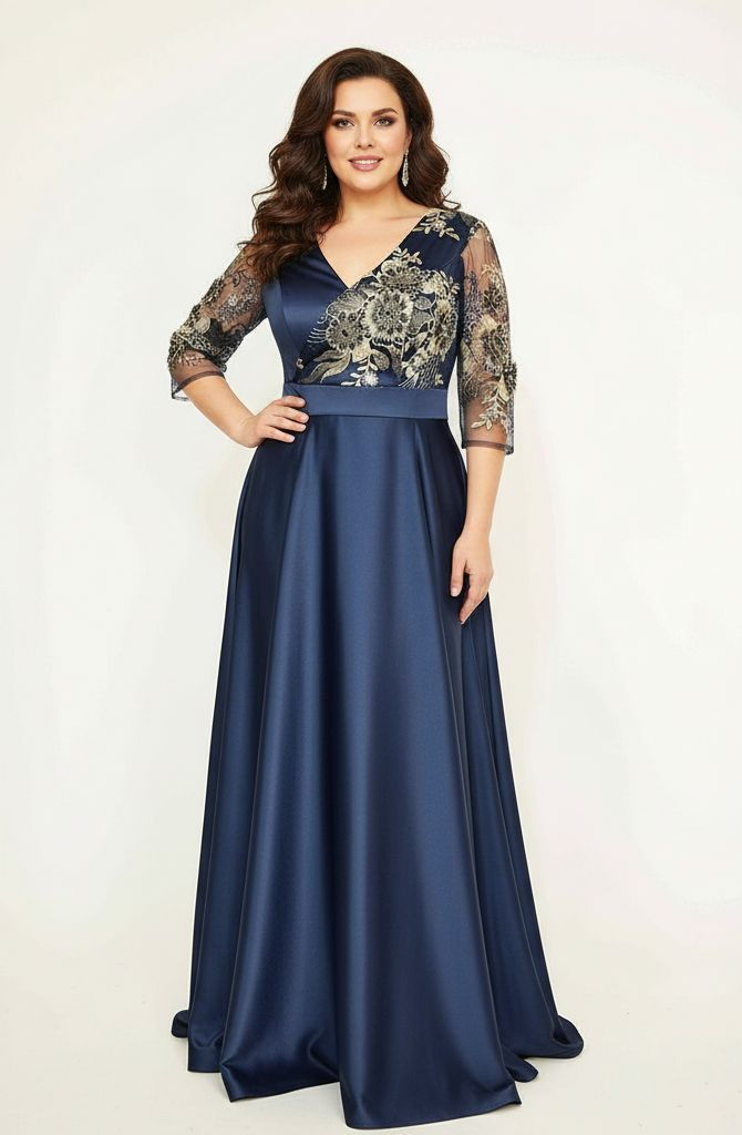 Rochie lunga din tafta bleumarin si broderie 3D Riana