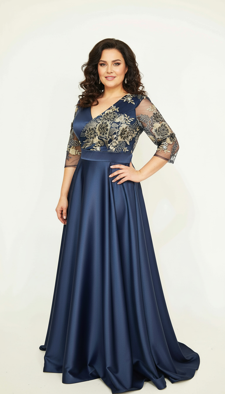 Rochie lunga din tafta bleumarin si broderie 3D Riana