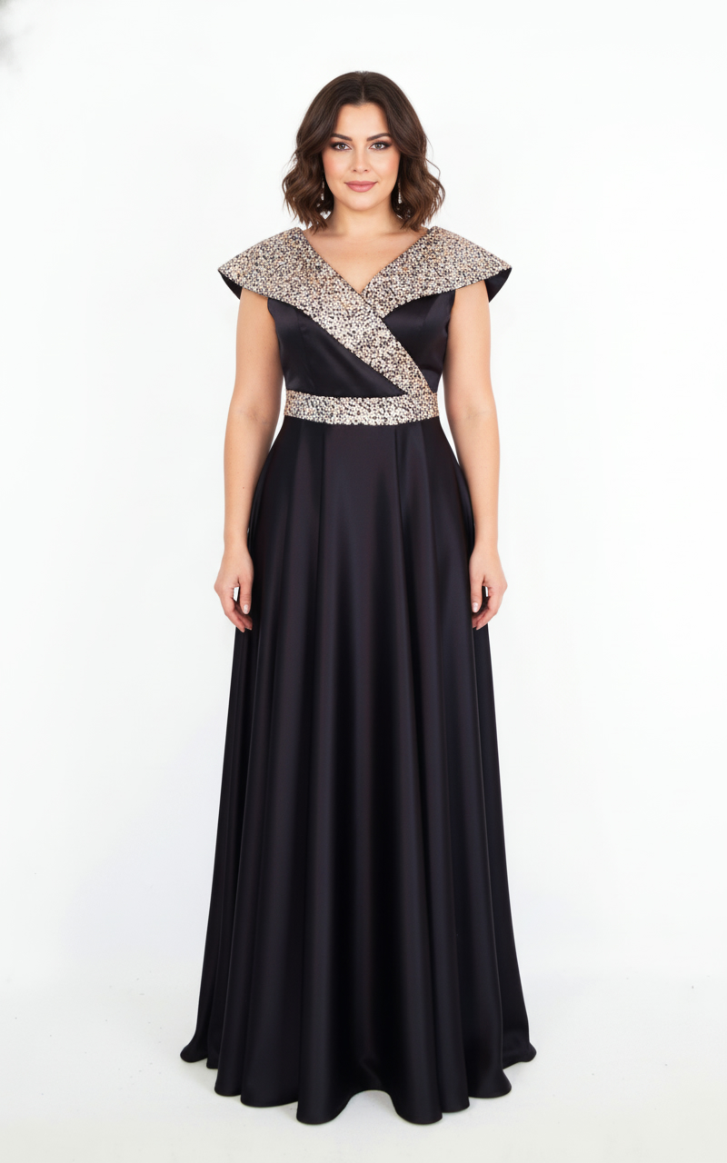 Rochie lunga neagra din tafta si tulle cu gliter Victoria2