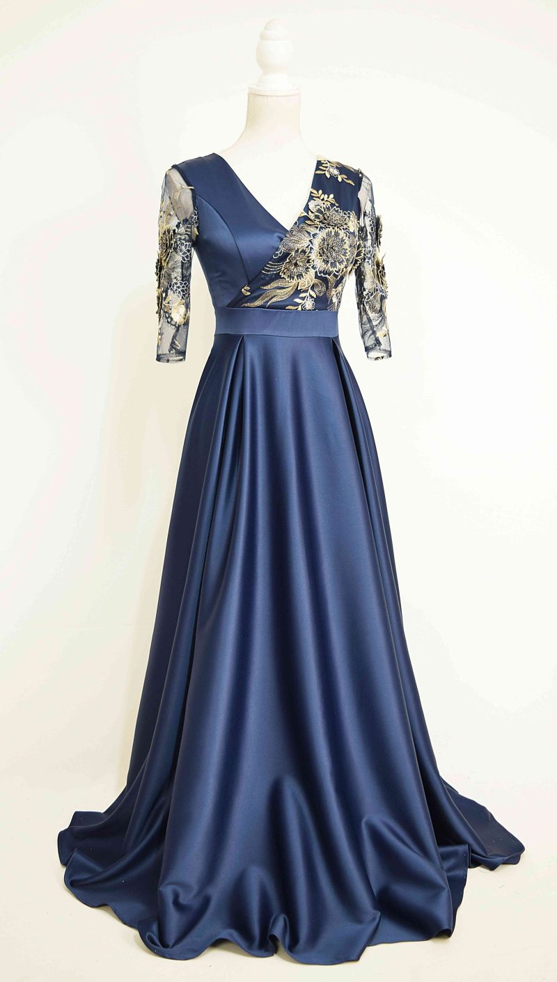 Rochie lunga din tafta bleumarin si broderie 3D Riana