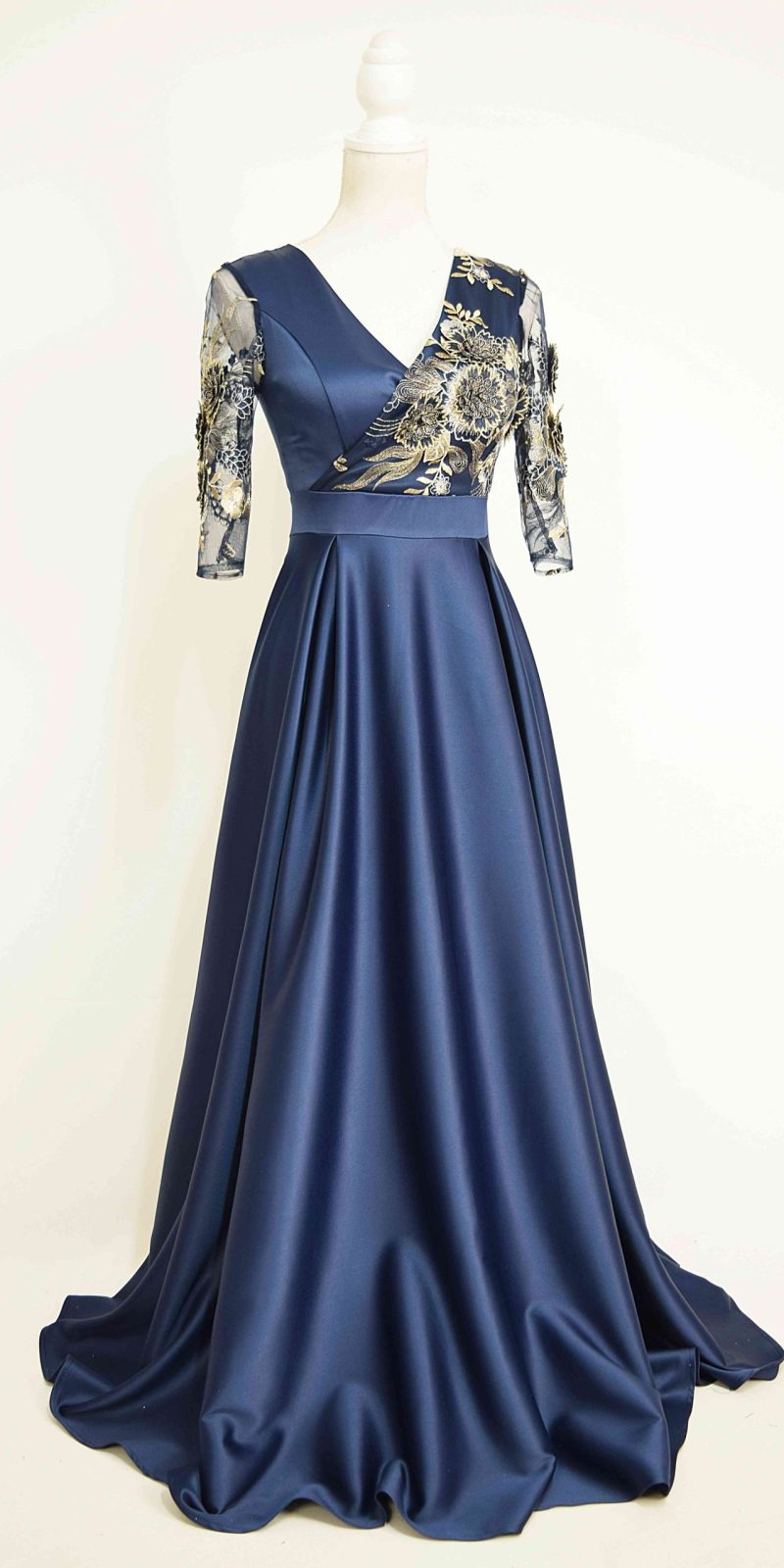 Rochie lunga din tafta bleumarin si broderie 3D Riana