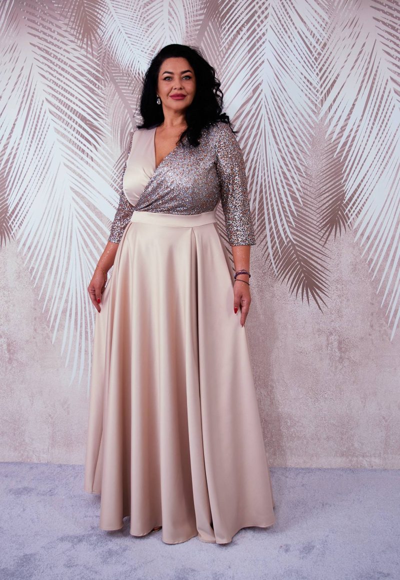 Rochie lunga din tafta bej cu tulle cu gliter Noelia