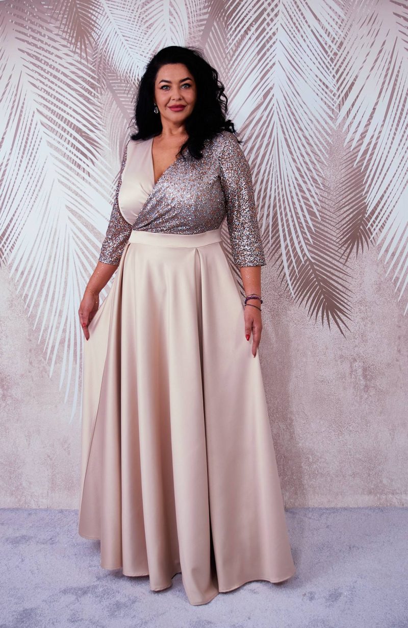 Rochie lunga din tafta bej cu tulle cu gliter Noelia
