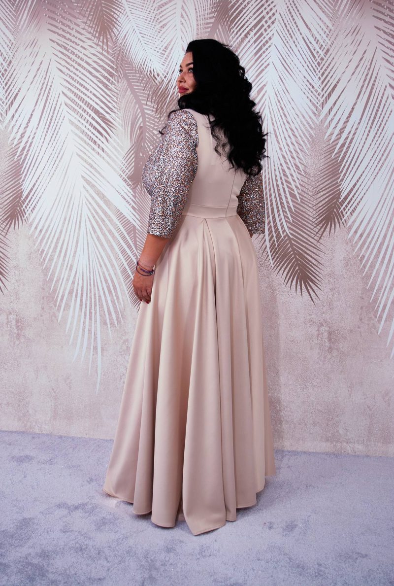 Rochie lunga din tafta bej cu tulle cu gliter Noelia