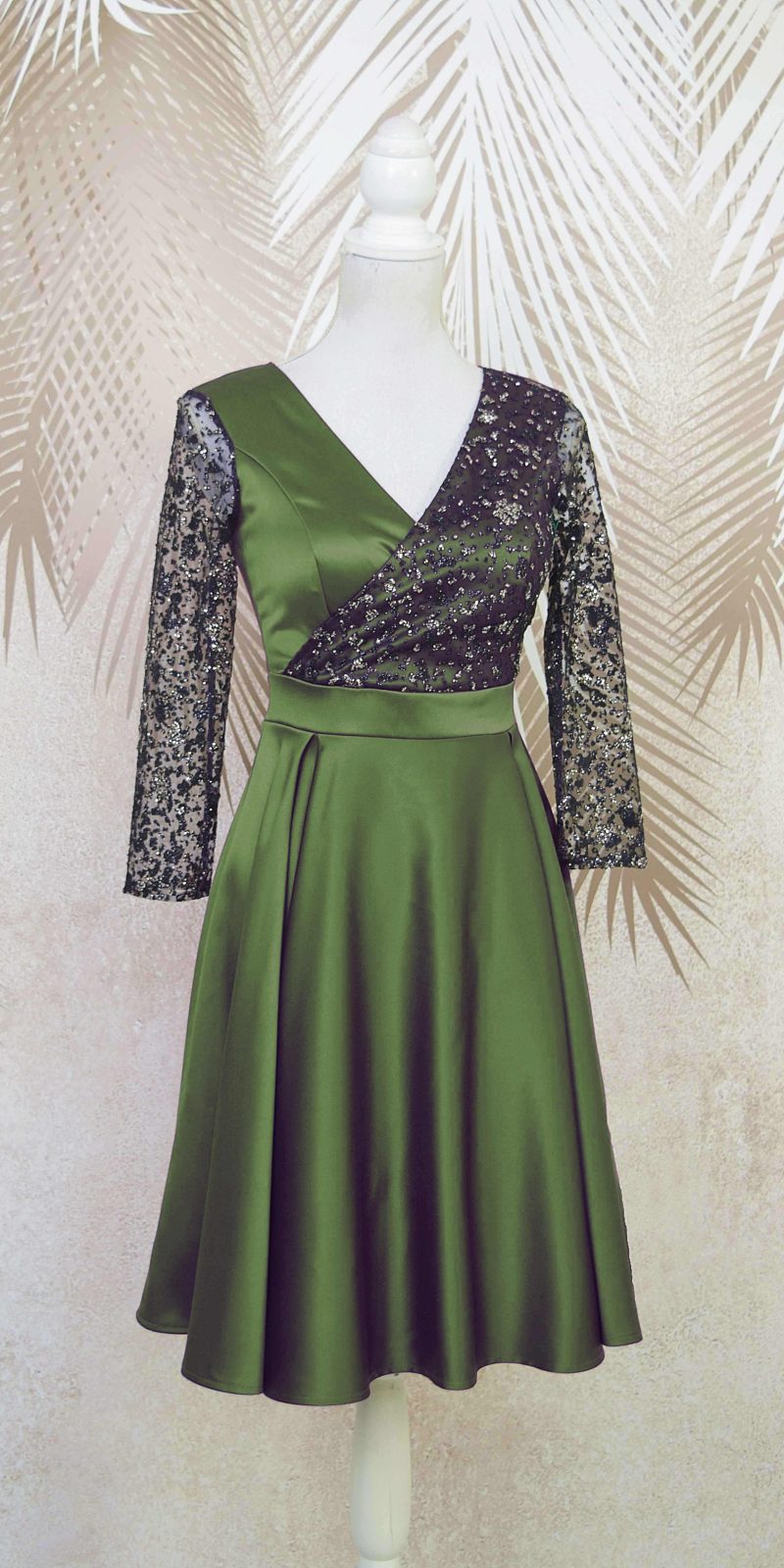 Rochie de ocazie din tafta kaki cu tulle cu gliter Noelia