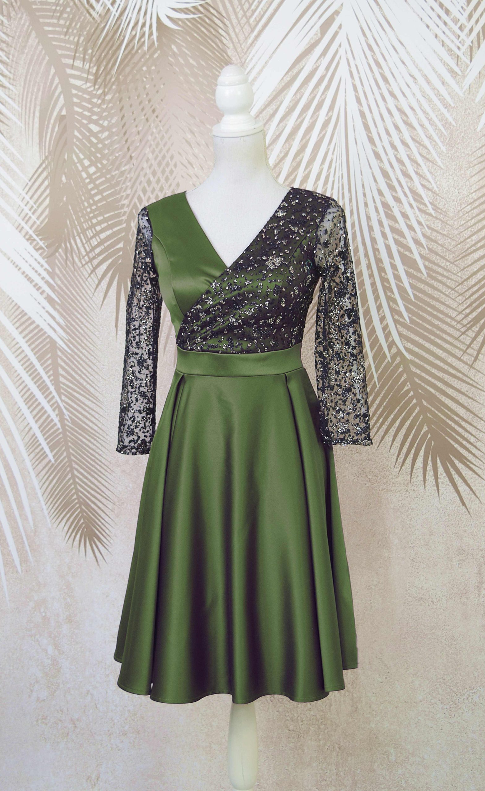 Rochie de ocazie din tafta kaki cu tulle cu gliter Noelia