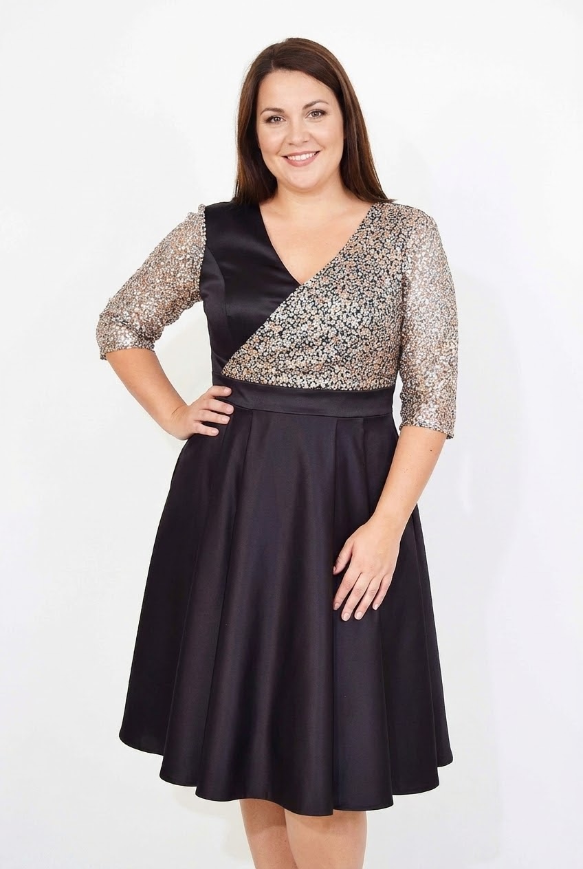 Rochie de ocazie din tafta neagra cu tulle cu gliter Noelia