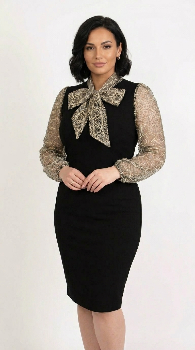 Rochie eleganta cu maneci si esarfa din broderie bej aurie