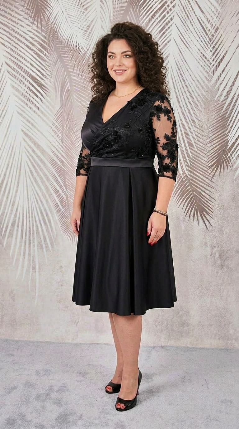 Rochie de ocazie din tafta neagra si tiul brodat 3D Nina