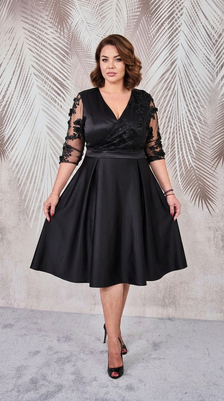 Rochie de ocazie din tafta neagra si tiul brodat 3D Nina