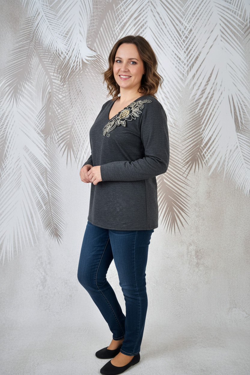 Bluza eleganta gri cu broderie florala