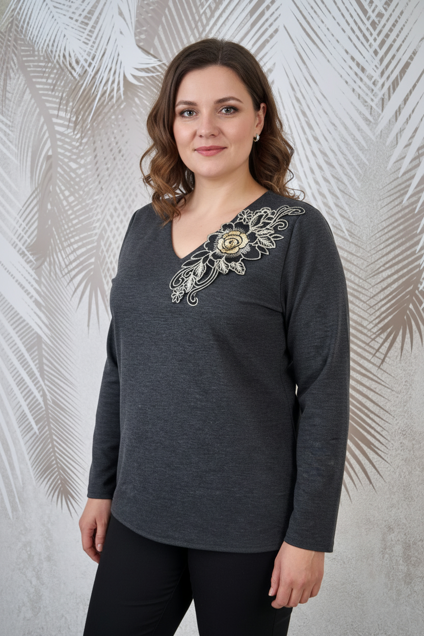 Bluza eleganta gri cu broderie florala