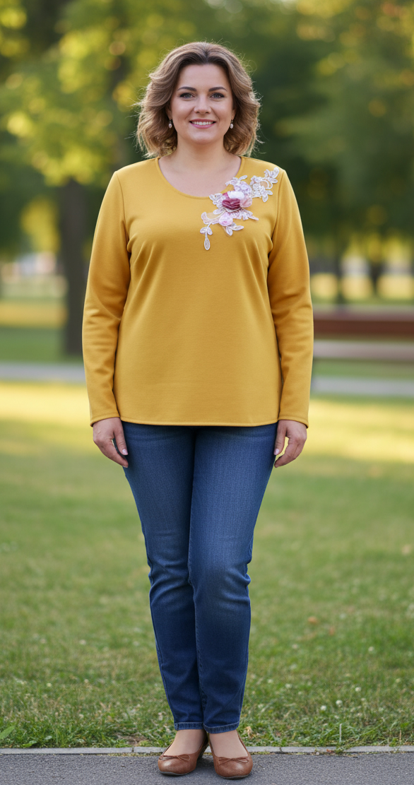 Bluza mustar cu broderie florala 3D