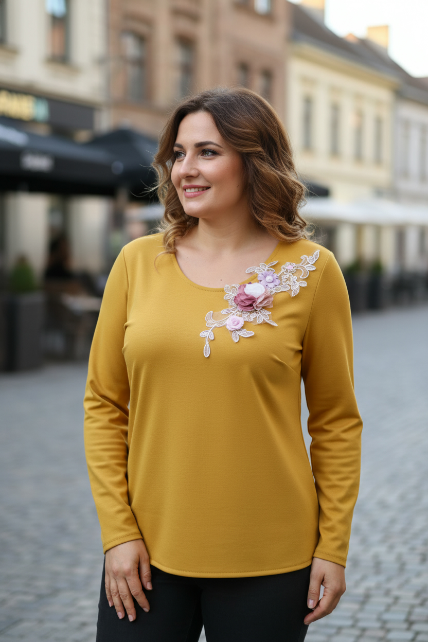 Bluza mustar cu broderie florala 3D