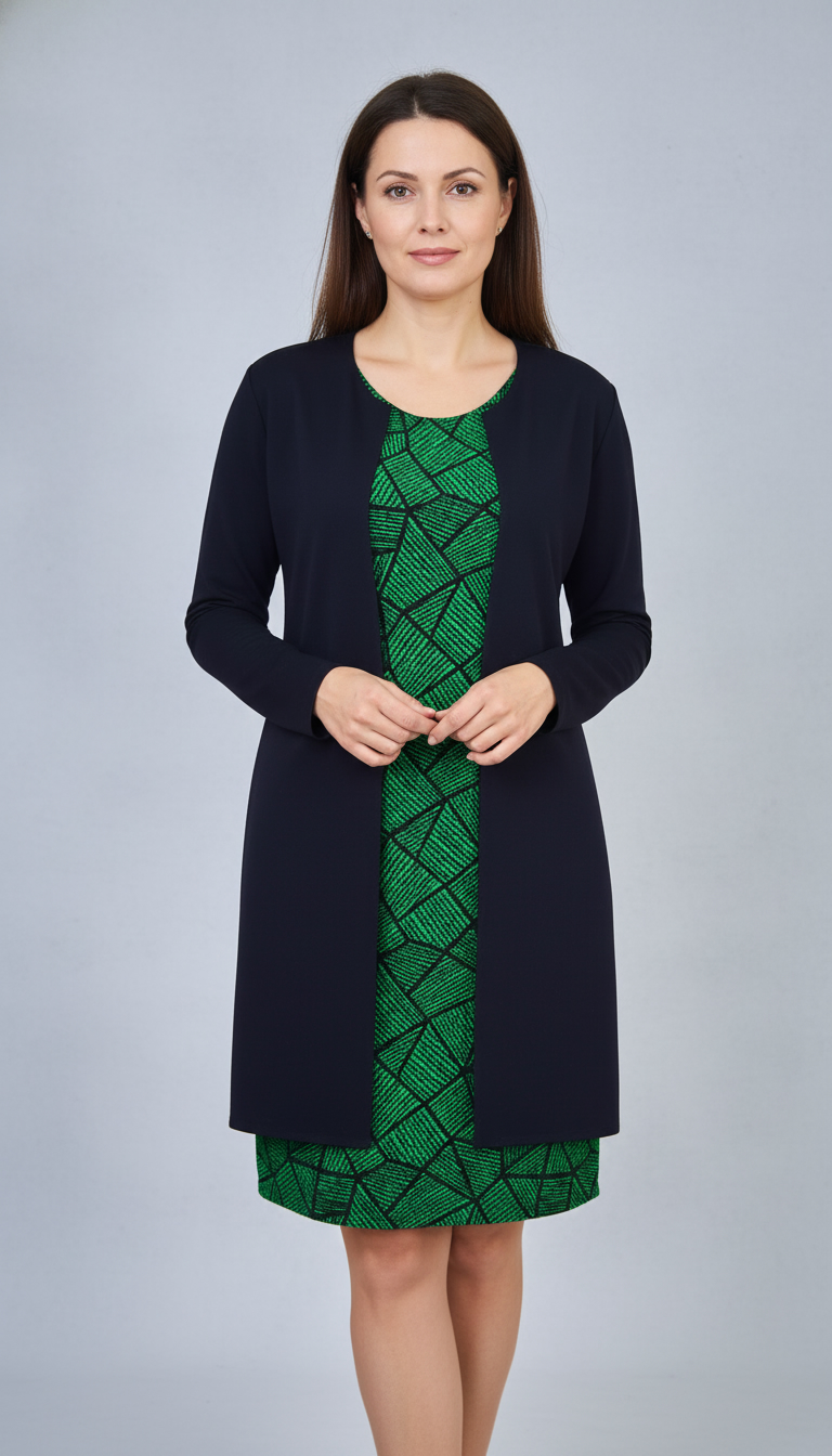 Compleu cardigan negru cu rochie verde Annabella