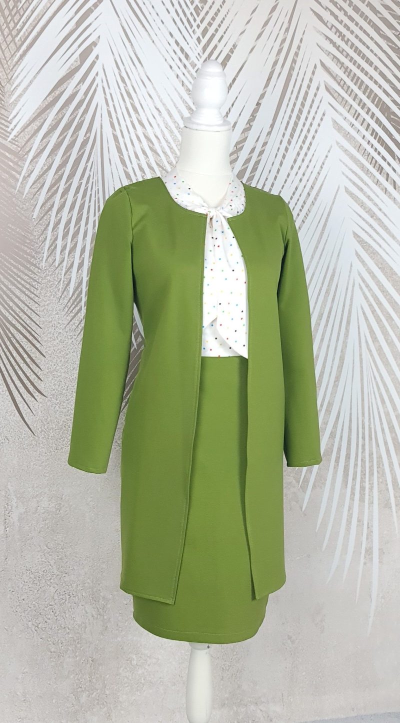 Compleu cardigan si fusta Olive Charm si bluza alba cu buline colorate
